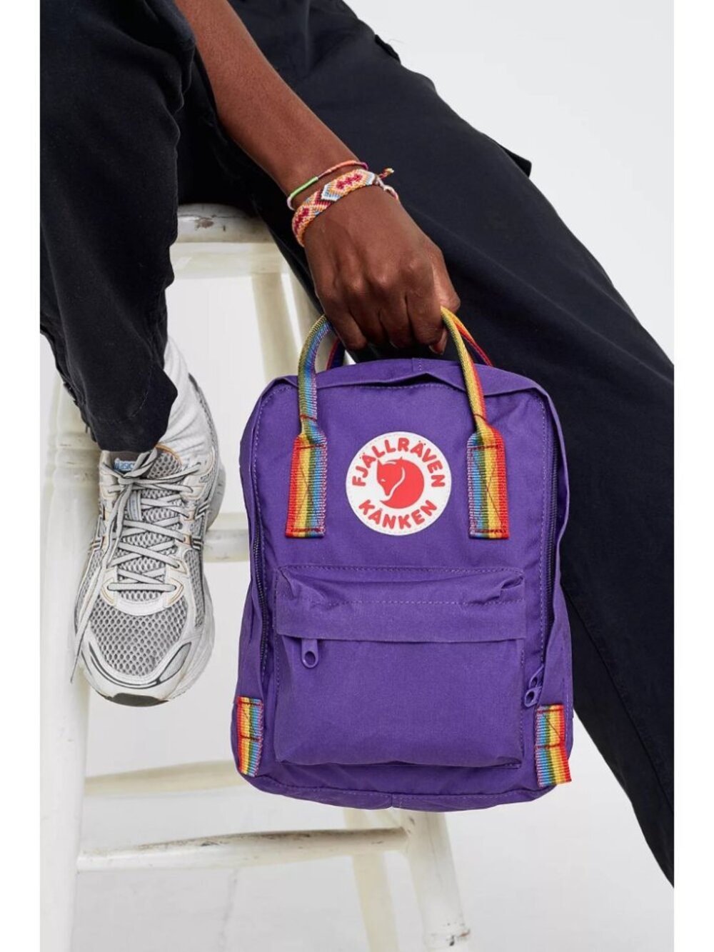 NWT Fjallraven Kanken Mini Rainbow Handle Backpack Purple Polyvinyl